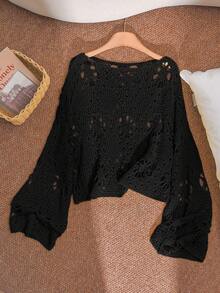 CosyJoli Plus Size Solid Color Hollow Knit Sweater Fall - Black - View 4