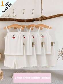 SHEIN (Random 1 Set) Young Gir Girls Toddler Underwear Camisole & Shorts Embroidered Cherry Comfortable Textured Fabric 2pcs - White - View 4