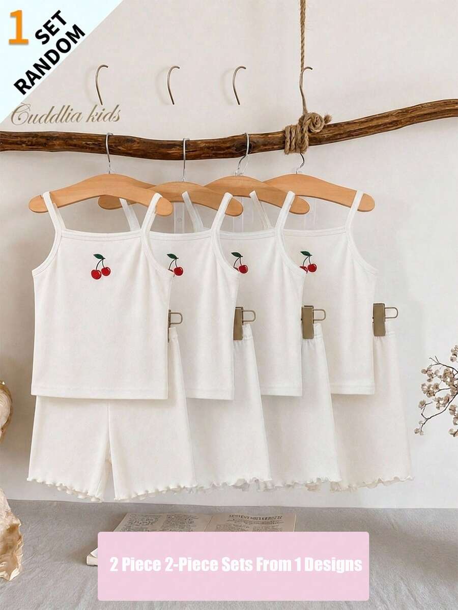 SHEIN (Random 1 Set) Young Gir Girls Toddler Underwear Camisole & Shorts Embroidered Cherry Comfortable Textured Fabric 2pcs - White - View 1