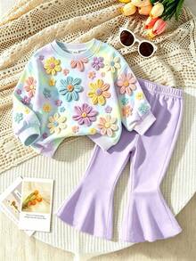 Baby Girls 1 Set Sweet Colorful Outfit, Cute Children's Ditsy Floral, Casual Comfortable Soft Round Neck Long Sleeve Sweatshirt And Flared Pants, Suitable For Autumn/Winter Daily Wear. - Multicolor - View 4