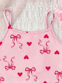 Tween Girls Summer New Hot-Selling Bow, Cherry, Strawberry Print Knit Frill Trim Cami Top & All-Over Print Shorts Pajama 2-Piece Set 1Set - White - View 4
