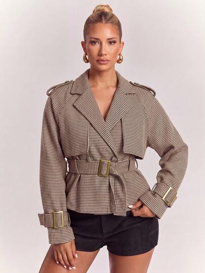 Lumalex Women's Autumn/Winter Casual Loose Houndstooth Short Trench Coat,Elegant Raglan Sleeve Lapel Double Breasted Jacket,Office Brown And White Check Check
