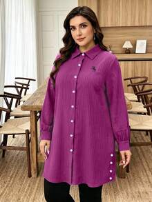 Lacomfia Plus Size Solid Color Long Sleeve Textured Fabric Casual Commute Embroidered Pony Long Shirt Fall - Red Violet - View 7