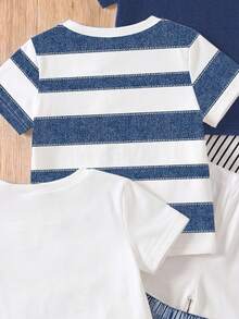 SHEIN Vintaside Kids 男嬰 3 件組隨機條紋拼色馬匹印花圓領短袖 T 恤與仿牛仔短褲套裝 夏季穿搭 - 彩色 - 查看 4