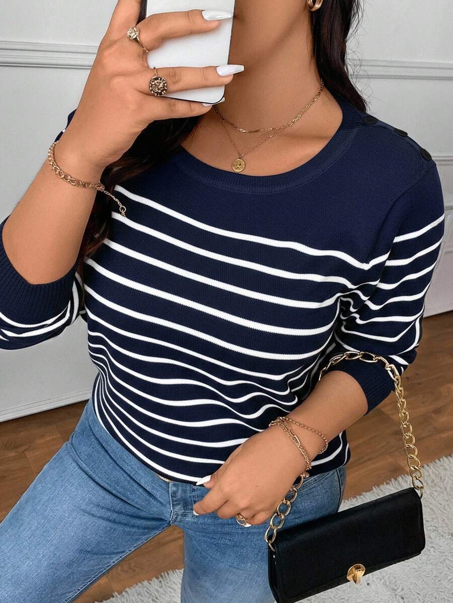 CosyJoli 大码女式条纹圆领长袖休闲毛衣，秋冬