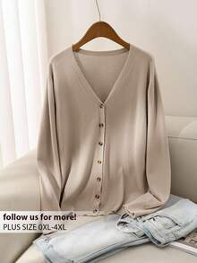 CosyJoli Women Plus Size All-Match Solid Color Casual Cardigan, Clothes For Women Spring Winter - Apricot - View 2