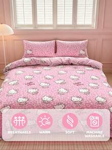 HELLO KITTY AND FRIENDS | SHEIN 3件組可愛卡通印花被套組，磨毛材質，柔軟保暖，多尺寸可選，適用單人床/雙人床/加大雙人床/特大床 - 皮粉 - 查看 8
