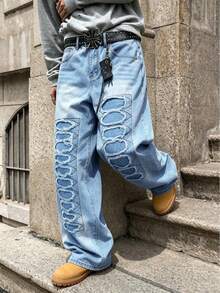 Manfinity EMRG Jeans de Mezclilla Desgastados Estilo Callejero Europeo & Americano a Juego para Parejas - Azul - Ver 5