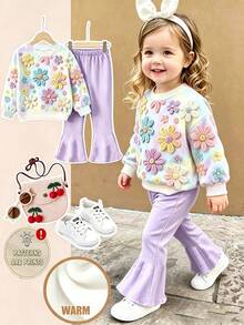 Baby Girls 1 Set Sweet Colorful Outfit, Cute Children's Ditsy Floral, Casual Comfortable Soft Round Neck Long Sleeve Sweatshirt And Flared Pants, Suitable For Autumn/Winter Daily Wear. - Multicolor - View 1