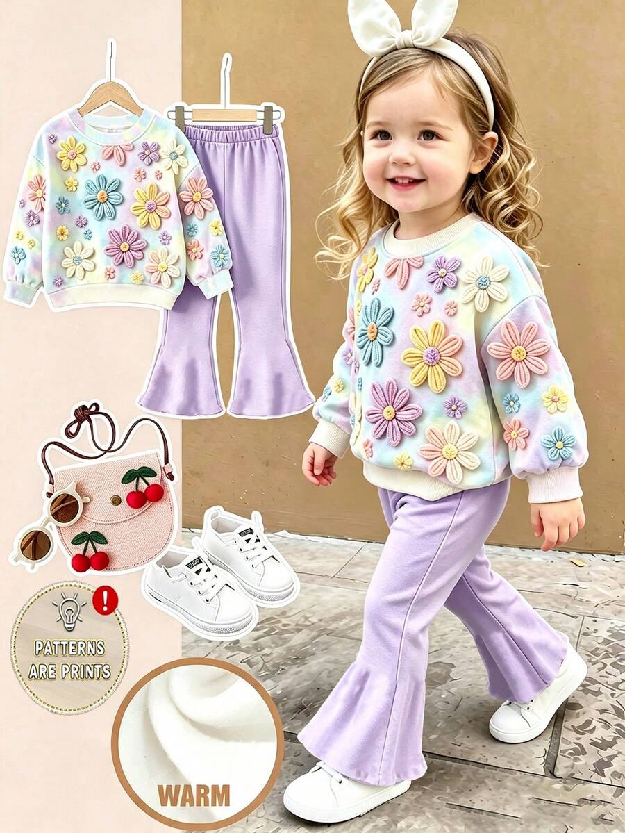 Baby Girls 1 Set Sweet Colorful Outfit, Cute Children's Ditsy Floral, Casual Comfortable Soft Round Neck Long Sleeve Sweatshirt And Flared Pants, Suitable For Autumn/Winter Daily Wear. - Multicolor - View 1