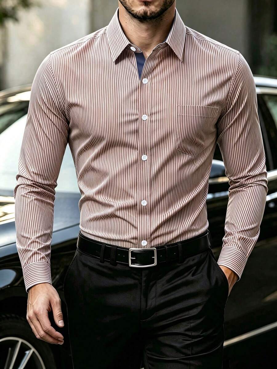 Manfinity Mode Men's Casual Business Striped Print & Patchwork Pocket Long Sleeve Shirt, Spring/Autumn, Fall, Formal, Ceremony - Coffee Brown - View 1