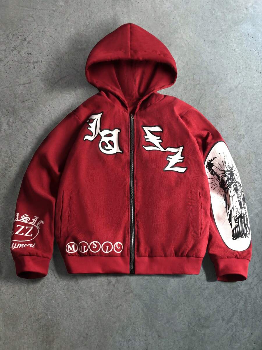 PAVTROS Men's Corduroy Hooded Printed Jacket - Red - View 1