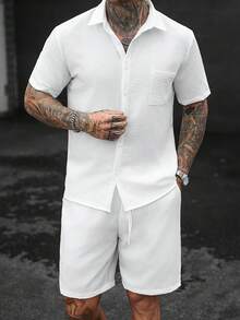 Manfinity CasualCool 男士休閒純色短袖單排扣襯衫與短褲套裝 - 白色 - 查看 5