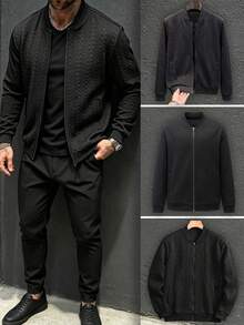 Manfinity Homme Men's Solid Color Long Sleeve Zip-Up Baseball Jacket - Black - View 4