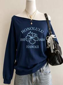 Lalippa American Retro Off Shoulder Long Sleeve Sweatshirt For Women, Hawaiian Hibiscus Flower & Letter Print, Lazy Relaxed Open Shoulder Pullover - Multicolor - View 1