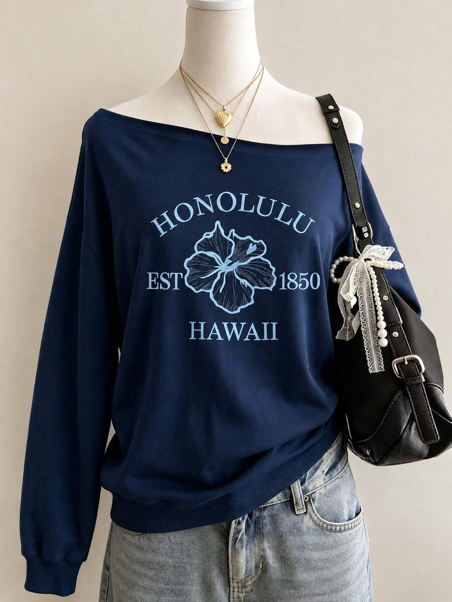 Lalippa American Retro Off Shoulder Long Sleeve Sweatshirt For Women, Hawaiian Hibiscus Flower & Letter Print, Lazy Relaxed Open Shoulder Pullover - Multicolor - View 1