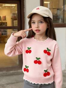 Fashionable Versatile Cute Cherry Pattern Girls Toddler Pullover Round Neck Sweater - Pink - View 8