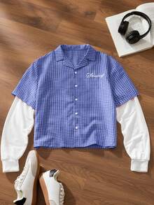 SWAVVY Men's Plaid & Letter Print Single-Breasted 2 In 1 Shirt - Blue - View 2