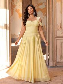 Aureia Plus Size Fashion Elegant Butter Yellow Elastic Mesh Fabric Strapless One Shoulder Ruched Bodycon A-Line Skirt Suitable For Wedding Bridesmaid Spring - Yellow - View 6