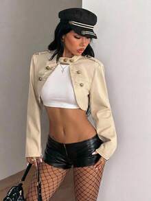 Coolane 女款秋季祭典外穿文藝復興市集街頭風 Y2K 復古拿破崙軍裝飾卡其色短版夾克外套，老錢風外套 - 卡其色 - 查看 6