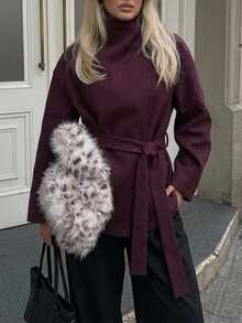 Aloruh Minimalist Commuter Versatile Plum Purple Lace-Up Stand Collar 2-In-1 Fitted Waist Long Sleeve Short Overcoat For Women - Red Violet - View 6