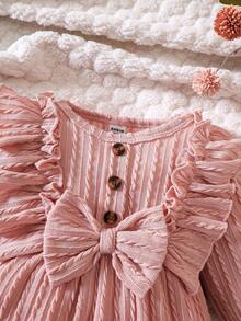 SHEIN Jumpsuit Bayi Perempuan dengan Hiasan Ruffle, Lengan Mengembang, dan Pita di Bagian Depan, Cocok untuk Musim Gugur. - Dusty Pink - View 7