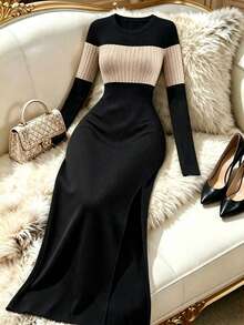 Selianne Gaun Wanita Vintage Colorblock Leher Bulat Belahan Samping Lengan Panjang - MultiWarna - View 6