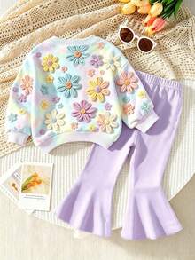 Baby Girls 1 Set Sweet Colorful Outfit, Cute Children's Ditsy Floral, Casual Comfortable Soft Round Neck Long Sleeve Sweatshirt And Flared Pants, Suitable For Autumn/Winter Daily Wear. - Multicolor - View 2