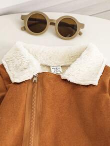 SHEIN Playful Pals 嬰兒幼兒中性仿麂皮羊羔絨內裡秋冬連身衣，全開襟翻領保暖嬰兒連身衣，幼兒外出保暖時尚服飾 - 棕色 - 查看 5
