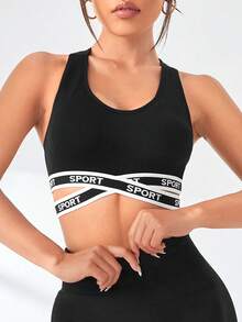 Gameset SHEIN Sport Women's Lettered Webbing Criss-Cross Design Daily Fitness Sports Bra - Black - View 1