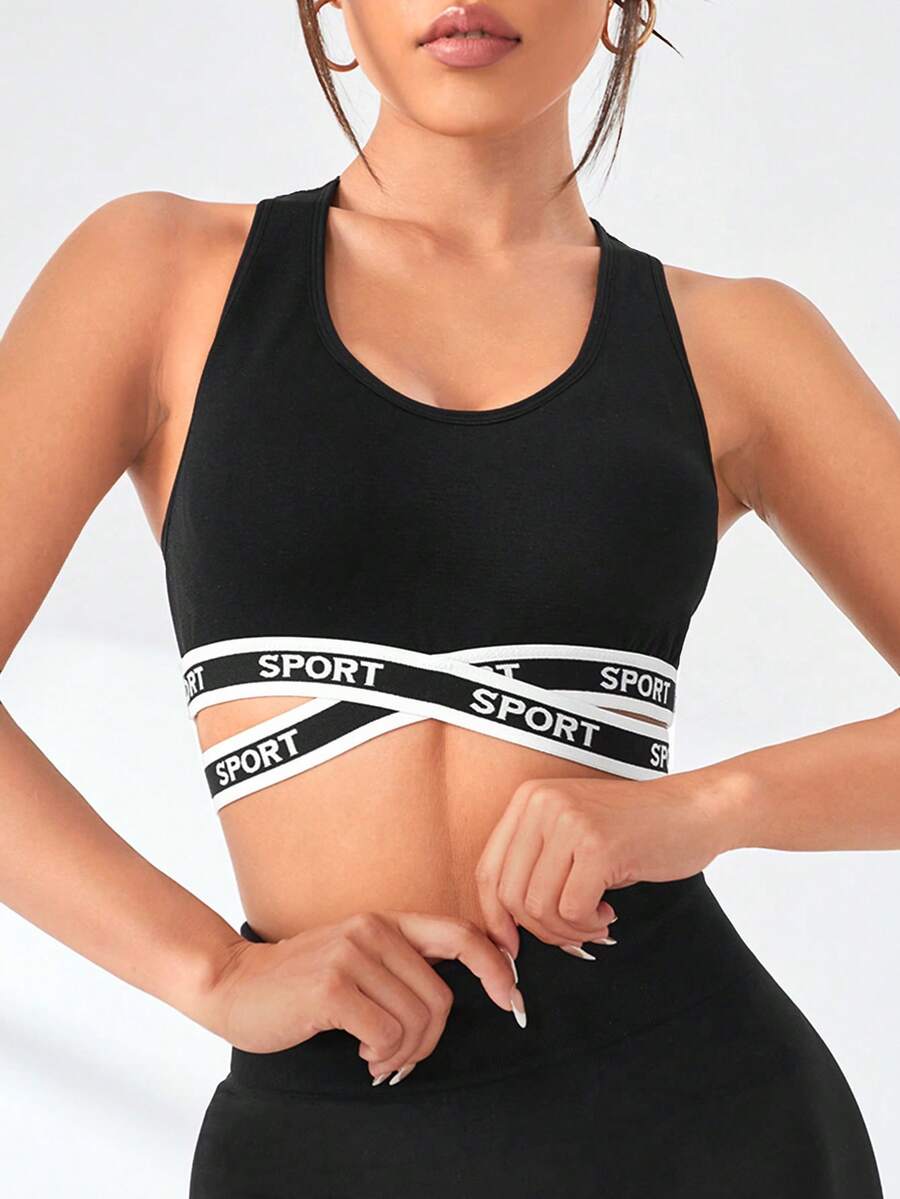 Gameset SHEIN Sport Women's Lettered Webbing Criss-Cross Design Daily Fitness Sports Bra - Black - View 1