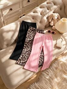 SHEIN Genkimix Kids 3件組女童幼兒喇叭褲 [黑色 + 豹紋 + 棕色] 休閒風格 & 甜酷造型，新款女童喇叭褲，彈性修身無腹部壓力，春/秋外套 / 冬季內著 - 彩色 - 查看 6