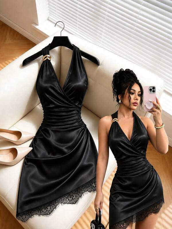 Selianne Vestido mini de lujo ligero minimalista y sexy con cuello halter, vestido mini asimétrico de satén con anillo de metal de un solo lado, escote en V profundo, fruncido y encaje de pestañas, estilo de mujer madura sexy de lujo ligero, estilo de fiesta de atmósfera minimalista y sexy, estilo de vestido de noche maduro ligero, adecuado para citas en pareja, cenas de cumpleaños, fiestas de baile en discotecas, fotografía de retratos, pequeñas fiestas de cóctel