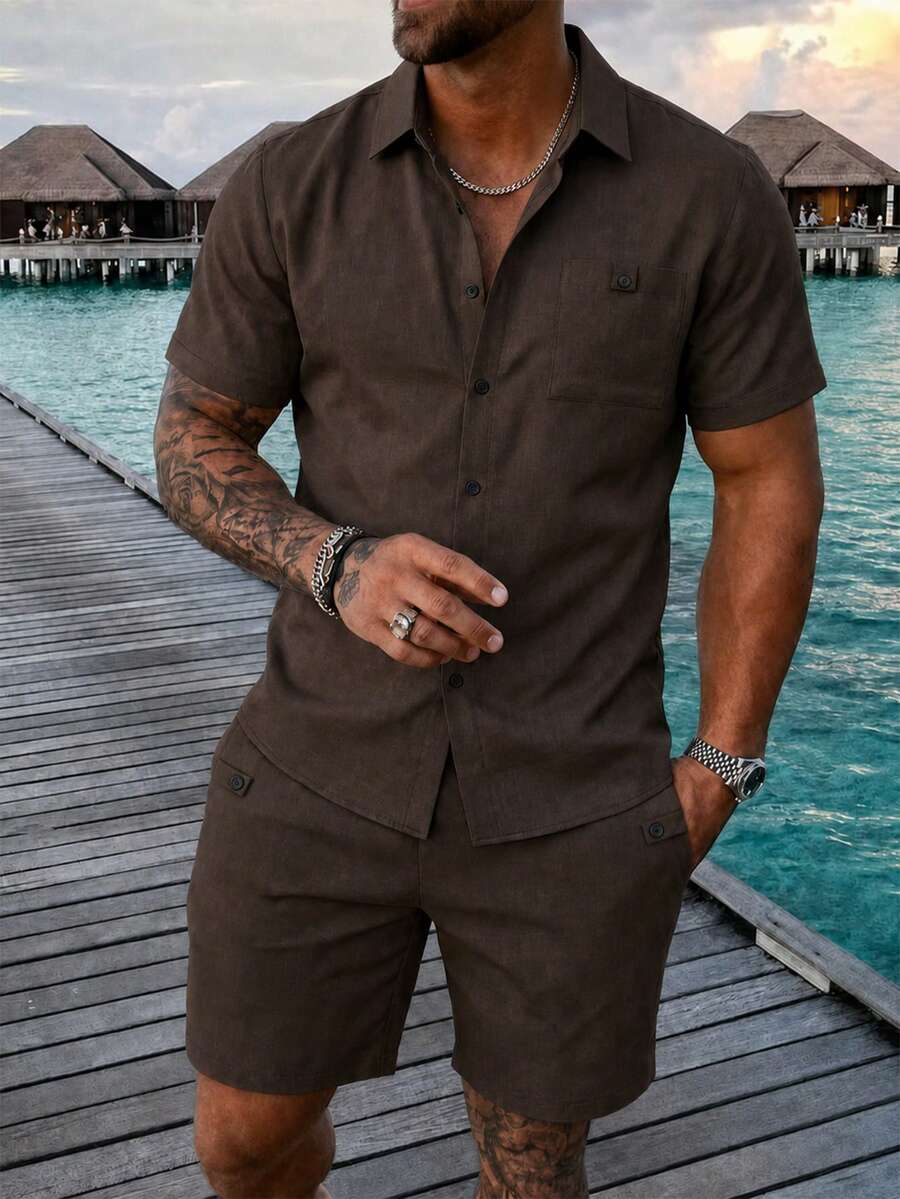VENTUSAIL Men's Coffee Brown 2 Piece Outfits,Summer Casual Vacation Holiday Linen Fabric Short Sleeve Shirt & Shorts Set,Double Pocket Old Money Style - Brown - View 1