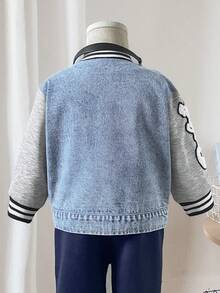 SHEIN جاكيت كاجوال للأطفال الذكور، أكمام مرقعة مع أساور مضلعة متباينة، رقعة مطرزة بحرف الدب والرقم، قطعة موضة للربيع والخريف والشتاء، مناسبة للارتداء اليومي الكاجوال في الشارع - متعدد الألوان - مشاهدة 3