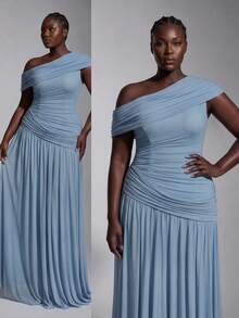 Elitara Luxury Plus Size Dusty Blue Spring Elegant Formal Dinner Wedding Evening Prom Dress Mesh Asymmetrical Shoulder Ruffle A-Line Maxi Gown Bridesmaid - Blue - View 10