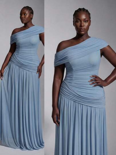 Elitara Luxury Plus Size Dusty Blue Spring Elegant Formal Dinner Wedding Evening Prom Dress Mesh Asymmetrical Shoulder Ruffle A-Line Maxi Gown Bridesmaid