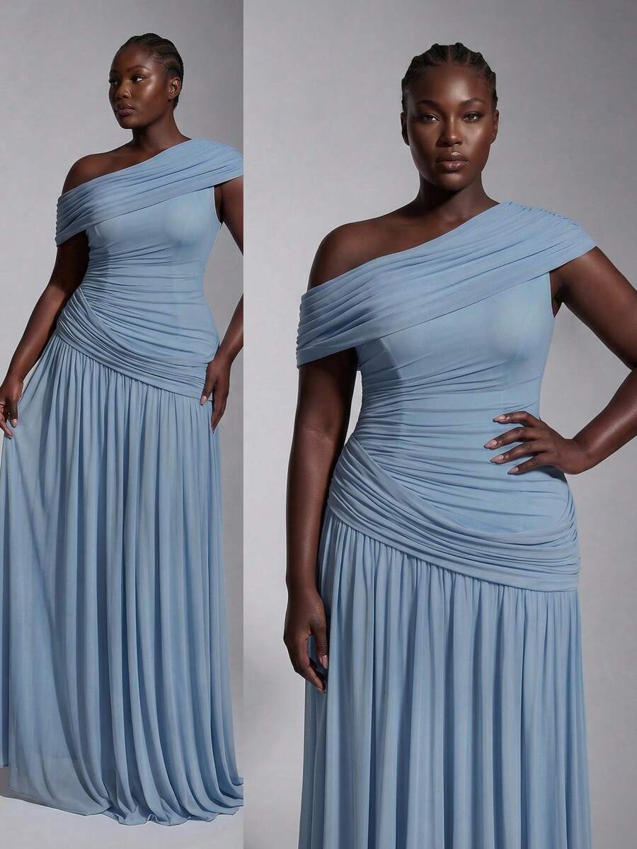 Elitara Luxury Plus Size Dusty Blue Spring Elegant Formal Dinner Wedding Evening Prom Dress Mesh Asymmetrical Shoulder Ruffle A-Line Maxi Gown Bridesmaid