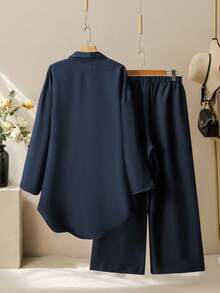 Lacomfia Minimalist Casual Solid Color Patchwork Beaded Shirt Collar Long Sleeve Fitted Regular Shirt And Solid Color Elastic Waist Wide Leg Pants Spring Autumn Plus Size 2-Piece Set - Navy Blue - View 2