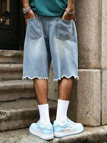 Manfinity EMRG Men's Young Street Style Light Blue Minimalist Frayed Hem Lightning Pattern Denim Shorts - Light Wash - View 2