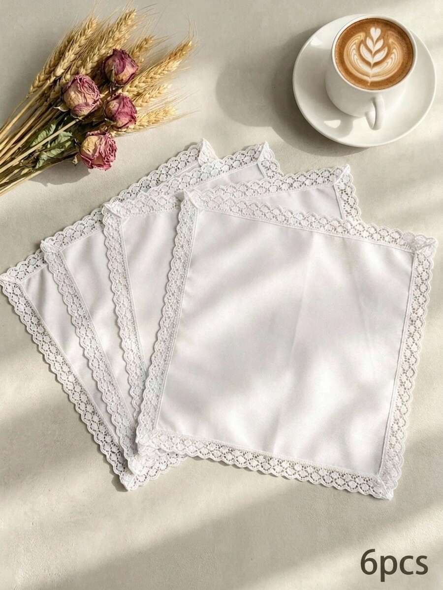 Cirelle 6入白色蕾絲飾邊布餐巾,柔軟聚酯纖維刺繡蕾絲邊餐巾,優雅可重複使用餐巾,適用婚禮、茶會、宴會與日常用餐 - 白色 - 查看 1