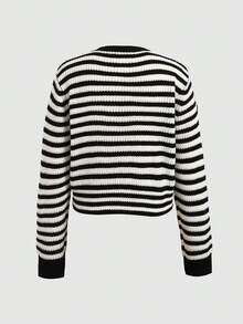 SHEIN 青少年女孩條紋圓領長袖開襟衫，返校季，學院風 - 黑與白 - 查看 4