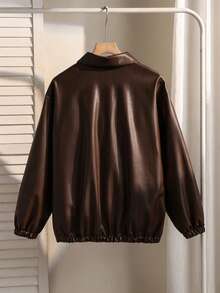 SHEIN Tween Girls Streetwear Solid Color PU Leather Loose Fit Jacket, Back To School Fall - Brown - View 2