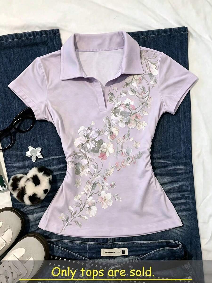 IslaSuriya 女款 POLO 領修身 T 恤,休閒浪漫可愛極簡優雅風短袖夏季上衣,花卉圖案早午餐薰衣草色 - 彩色 - 查看 1