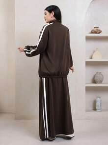 Veilorie Women's Striped Color-Block Zipper Hoodie And Long Skirt Arabic Outfit Set - Brown - View 2