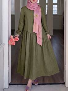Solavon New Asymmetrical Loose Fit Comfortable Vacation Versatile Linen Dress - Army Green - View 5