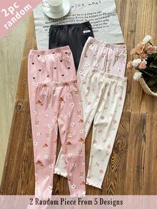 Souflis Souflis 2 piezas de leggings de punto acanalado suaves y cómodos para niña, con diseño de corazón y flor, estilo dulce y lindo, versátiles para primavera, verano y todas las estaciones, envío aleatorio - Multicolor - Ver 1