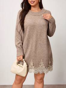 Enliva Plus Size Women's Contrast Lace Hem Round Neck Long Sleeve Knit Dress Winter - Apricot - View 4