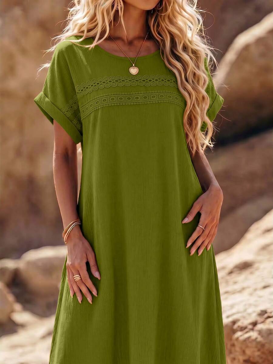 EMERY ROSE Plus Size Summer Casual Woven Fabric Knee Length Dress With Plain Pattern And Flared Hem Short Sleeves - Lime Green - View 1