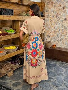 Isle Nomé Women's Casual Breezy Boho Vacation Placement Print Batwing Sleeve Long Dress Beach Beige Summer - Multicolor - View 2